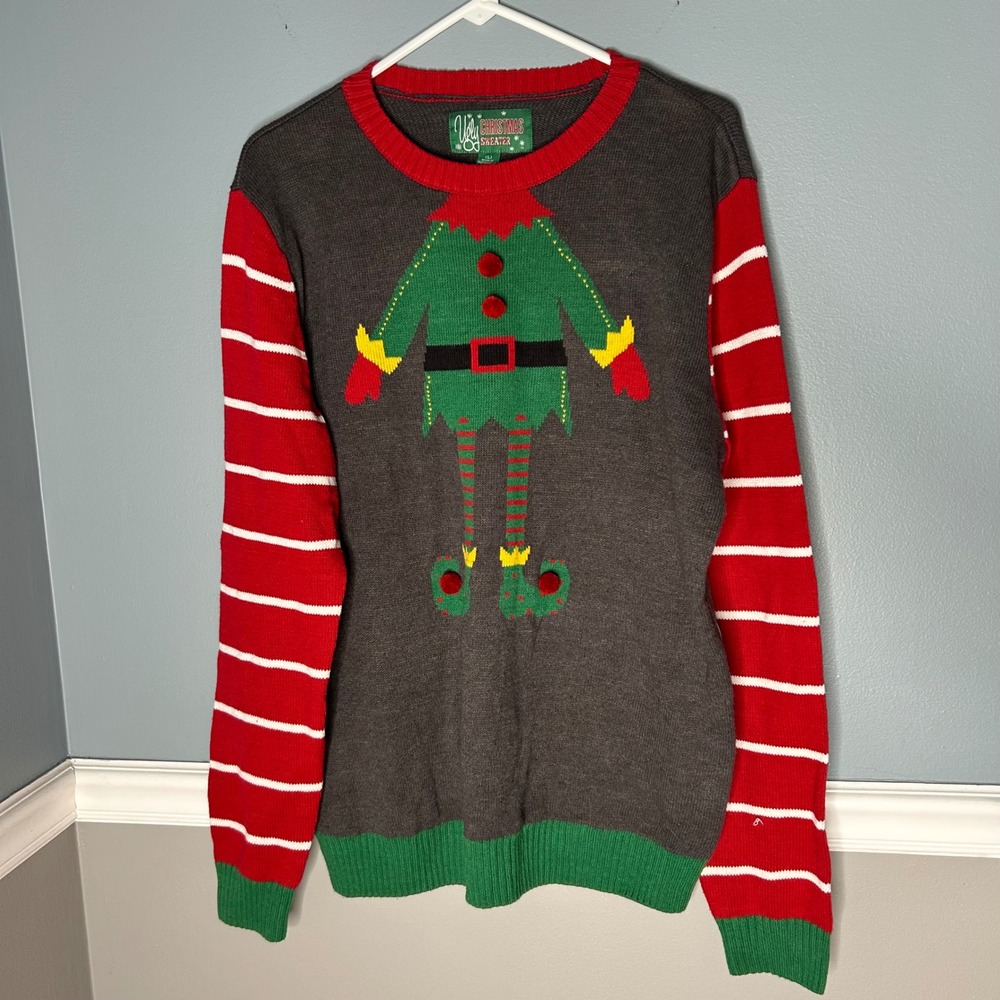 Ugly Christmas Sweater Mens Large Elf Design Red Striped Sleeves Holiday‎ Party